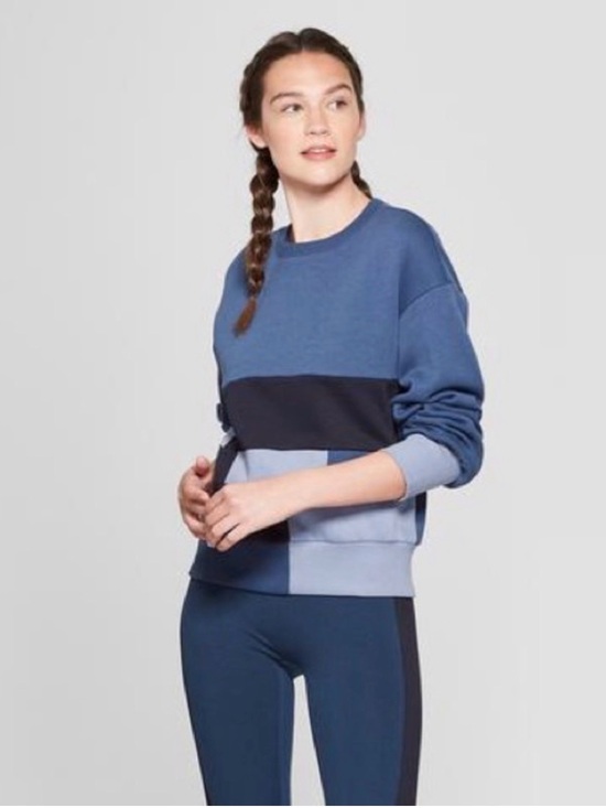 JoyLab Tops - JoyLab XS Oversized‎ Colorblock Patchwork Cropped Crewneck Sweatshirt Blue